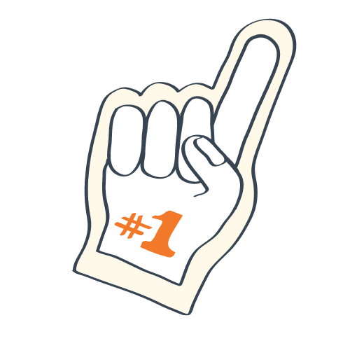 A foam hand that reads "#1" and has one finger pointing